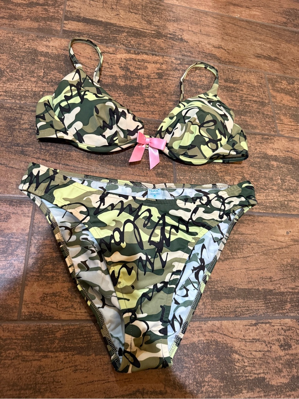 VENUS Green Camo Bikini with Pink Bow